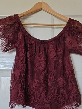American Eagle Outfitters Burgundy Lace Off-Shoulder Blouse